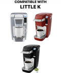 Compatible with Little K Keurig coffee makers in silver, red, and black with cups, showing product compatibility and color options.