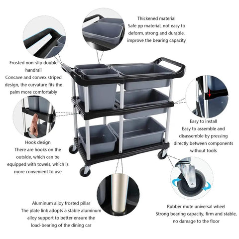 3 Tier Heavy Duty Utility Cart On Wheels With Removable Bins Mobile Storage Cart For Kitchen And Restaurant Hotel Or Office, showing six bins and detailed features.