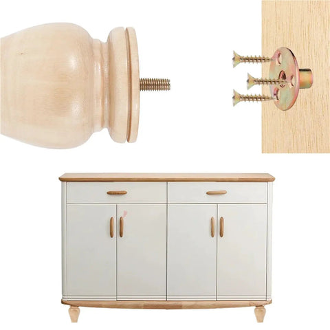 Four Pcs Solid Wood Furniture Legs Round Bun Feet Replacement For Sofa Cabinet Table With Floor Protectors And Easy Install