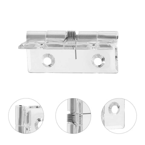 Hidden Acrylic Door Hinges With Self-Closing Spring Mechanism shown with details of stainless steel spring and mounting holes.