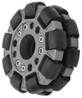100mm double plastic omni wheel with rubber rollers; grey hub, black rollers, for smooth 360-degree robot movement.