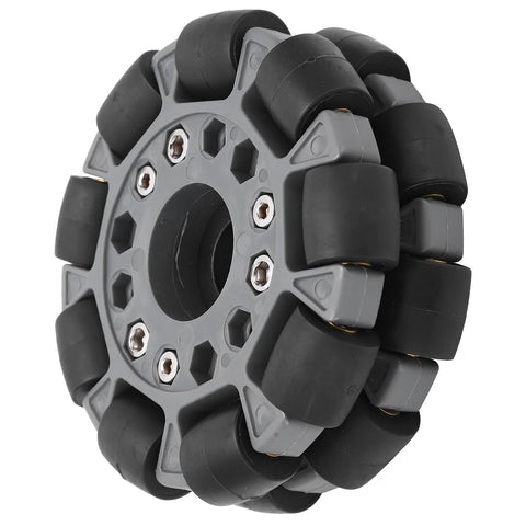 100mm double plastic omni wheel with rubber rollers; grey hub, black rollers, for smooth 360-degree robot movement.