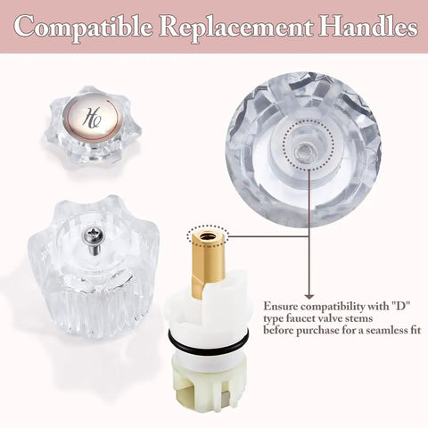 Two Piece Shower Knob Replacement Set For Hot And Cold Faucets, Durable Acrylic Handles, Showing Top and Side Views With Valve Stem