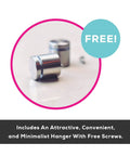 Close-up of minimalist hangers with free screws included, featuring a sleek metallic design for easy installation.