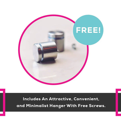 Close-up of minimalist hangers with free screws included, featuring a sleek metallic design for easy installation.