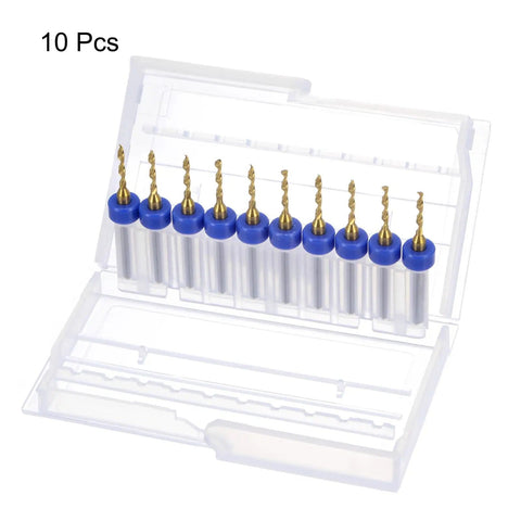 Ten Piece PCB Drill Bit Set One Eighth Inch Shank Titanium Coated Carbide Micro Twist Drill Bits For Printed Circuit Boards Jewelry CNC Engraving Rotary Tooling in a clear case.