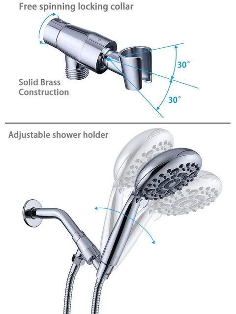 Handheld Shower Head With High Pressure And 6 Spray Settings Detachable Design showing solid brass holder and adjustable bracket