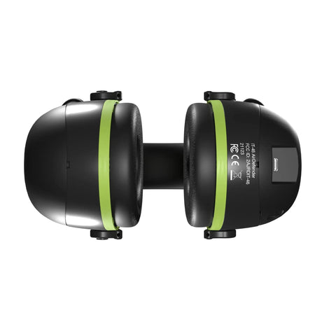 Top view of Noise Isolating Bluetooth Earmuffs For Worksite, Boss Level Comfort, 24 dB NRR Noise Reduction, lightweight black design with green accents