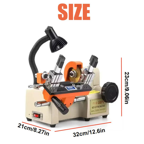 Beefy Automatic Key Cutting Machine With Punchy Led Spotlight For Cars, showing dimensions and features for key duplication.