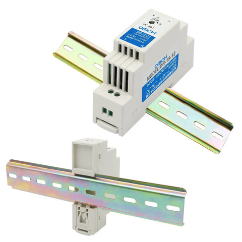 Heavy Duty Din Rail Power Supply 15 Watt 12 Volt Direct Current 1.25 Amp Output mounted on guide rail for industrial use.