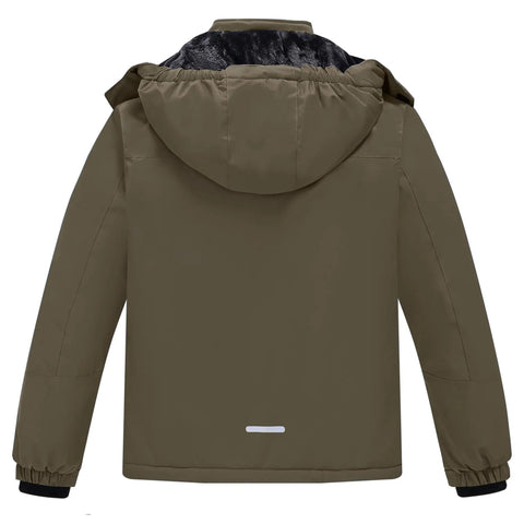 Back view of Kids Winter Coat And Snow Suit Waterproof Insulated Softshell Ski Snowboard Jacket With Hood And Zip Pockets Army Green