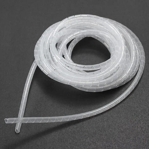 Coiled white spiral wrap cable tube for home theater TV and PC setup, showing 3mm inner diameter and 4mm outer diameter, 20 meters long.