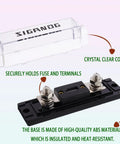 Heavy Duty 300 Amp ANL Fuse Holder Plus Fuse Block Set With Real 300A Fuses For 0 2 4 Gauge Car Audio subs, showing clear cover and durable ABS base.