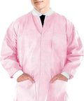 Person wearing 10 Pack Hip Length Unisex Lab Jackets With Knit Cuffs And Pockets Light Pink Extra Small Autoclavable And Washable