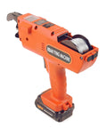 Handheld Automatic Rebar Tier Tying Gun With Cordless Power Steel Bar Tie Tool Compact Electric Wire Cutter For Construction Sites includes two chargeable batteries in orange design.