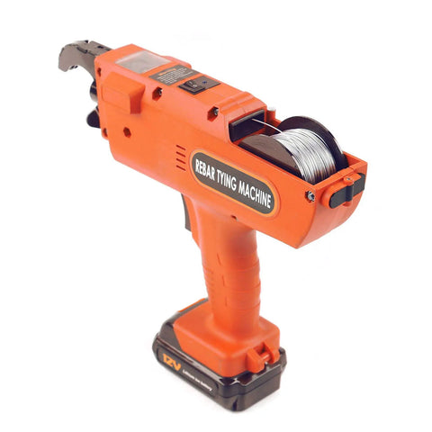 Handheld Automatic Rebar Tier Tying Gun With Cordless Power Steel Bar Tie Tool Compact Electric Wire Cutter For Construction Sites includes two chargeable batteries in orange design.