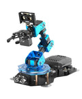 LewanSoul robotic arm kit with blue aluminum joints and black gripper mounted on a black base with control electronics