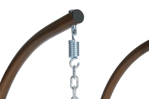 Close-up of metal chain and spring on Double Swing Egg Chair With Stand For Patio And Balcony, Two Person Cozy Rattan Wicker Hanging Basket Chair