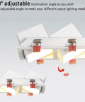 Eight Piece Set Of Sleek Square LED Recessed Downlights Dual Swivel Ceiling Fixtures Warm 3000K Aluminum Indoor Lighting Kits No Fuss Home Upgrade Easy Drop In Fit Solid Build showing 60° adjustable angle design.