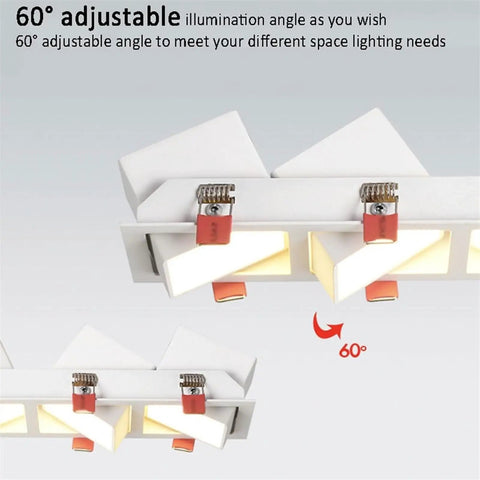 Eight Piece Set Of Sleek Square LED Recessed Downlights Dual Swivel Ceiling Fixtures Warm 3000K Aluminum Indoor Lighting Kits No Fuss Home Upgrade Easy Drop In Fit Solid Build showing 60° adjustable angle design.