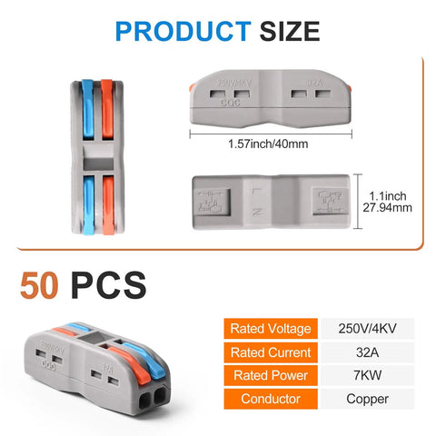 Lever Nut Wire Connectors Kit 50Pcs 2 Conductor 2 In 2 Out Inline Splices dimensions and specifications, side view
