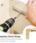 Installation of invisible barrel hinges in retro copper for jewelry boxes, showing drill and hinge placement in wooden surface.