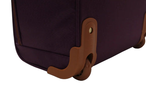 Close-up of Lightweight 15 Inch Carry On Luggage With Dual Spinner Wheels, showing brown wheel casing, purple fabric, and stitching.