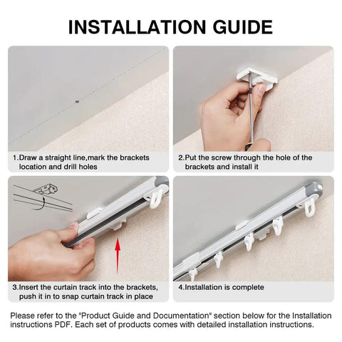 Adjustable Telescoping Curtain Track System With Ceiling Mount For Heavy Drapes And Room Dividers, No Tools Needed Length Adjustment, White Metal Rail For Thick Curtains, Smooth Glide, Sturdy Support, Modern Clean Look, installation guide