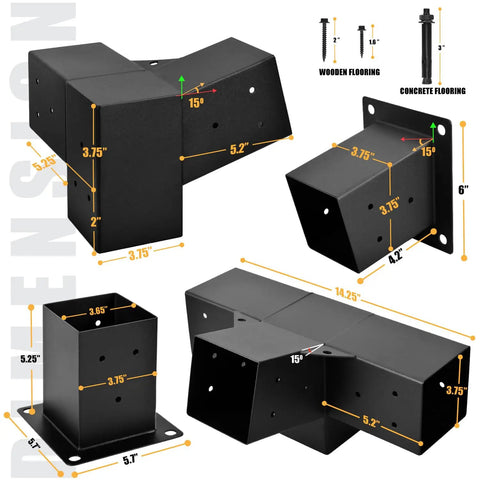 Heavy Duty Pergola Bracket Set With 15 Degree 3-Way Slanted Roof, Wall Mount Extension 4x4 Inches, dimensions and angles shown