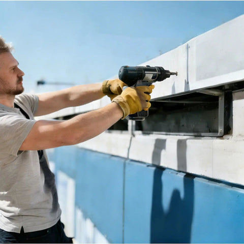 Man using a power tool to install Top Drawer One Hundred Pack Stainless Steel Blind Rivets on a construction site.
