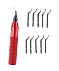 Front view of red metal deburring tool with knurled handle and replaceable HSS blades arranged beside.