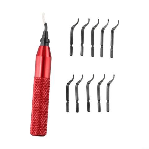 Front view of red metal deburring tool with knurled handle and replaceable HSS blades arranged beside.