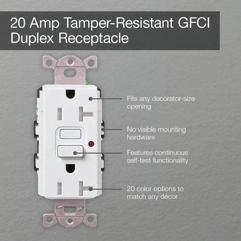 Self-Testing 20-Amp Tamper-Resistant Receptacle with Test Button every 30 seconds, front view with satin snow finish