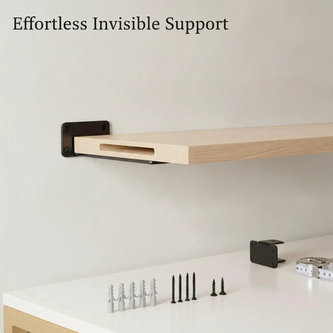 Invisible Shelf Brackets For Floating Shelves In Black Steel Hidden Support System no visible hardware attached to a wooden shelf