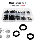 All In One 320 Piece Split Lock Washer And Elastic Gasket Kit For M2 To M8 304 Stainless Steel And Black Carbon Steel Hardware Assortment Must Have For Delicate Electronics Machinery And Automotive Projects And DIY Fixes, black carbon steel M2-M8 washers in organizer