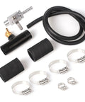 Diesel Truck Auxiliary Fuel Tank Install Kit With Three-Eighths Inch Female Outlet, One And Three Quarters Inch Fittings, Black Corrosion-Resistant Tubing, Bed Transfer Line, For 2013 Current Dodge Diesel Trucks, showing installation components.