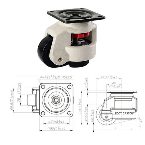 Heavy-Duty Leveling Casters Set For Workbenches And Equipment, Swivel Transport Wheels With 1100 Lb Capacity, Adjustable Industrial Plate Casters, Easy Install, Smooth Rolling, Four-Pack For Heavy Machinery, black caster with plate mount and dimensions