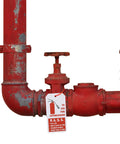 50 Pack Fire Extinguisher Tags With Adjustable Wire Ties 4 Point 2 By 2 Point 1 Inches Waterproof attached to red pipe