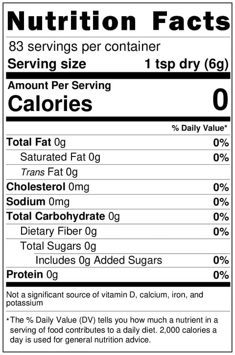 Nutrition facts label for Turkish Coffee, 83 servings, 0 calories, 0g fat, 0g sodium, 0g carbohydrates, 0g protein.