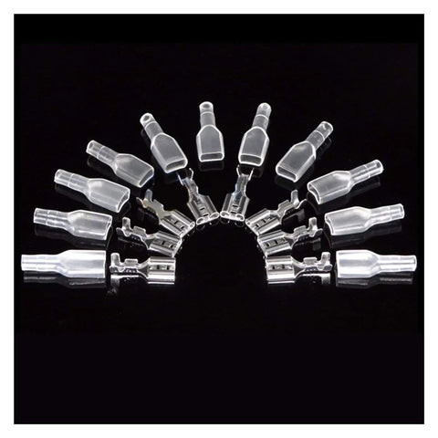 Ultimate 300 Piece Spade Connector Wire Crimp Terminal Assortment Kit With Insulating Sleeves In Sizes 2.8mm 4.8mm And 6.3mm For All Your Diy Electrical Projects., clear insulated spade terminals on black background