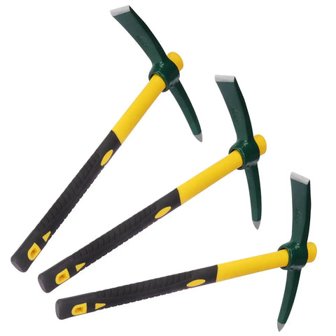 Go To Mattock Hoe With Fiberglass Handle Dual Head Weeding Pickaxe For Camping Prospecting And Garden Work Steel Forged, green and yellow