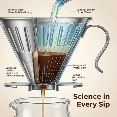 Reusable Stainless Steel Coffee Dripper For Pour Over Coffee, Large V Shaped Filter With Handle, 10.5 Cm Base in action diagram