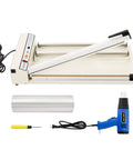 Top Tier 24 Inch Shrink Wrapping Station Featuring A Game Changer 1500 Watt Heat Gun And Hella Fast One Second Sealer Cutter For Food Toys Retail Packaging Including Bonus Plastic Film Roll 110 Volt Power Setup with heat gun and film roll.