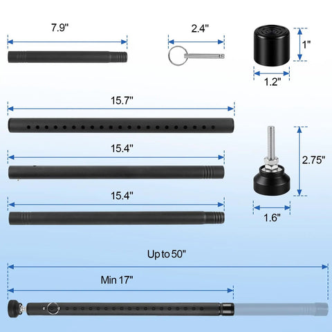 Rock Solid Adjustable Sliding Door Security Bar For Home And Apartment Bully Proof Steel Lock With 17 To 50 Inch Range dimensions and parts diagram.