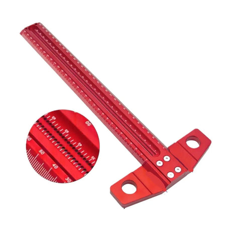 Digital Caliper, Carpenter’s Marking Ruler Square Perforated T-Square Tool in red, showcasing clear scale and structure.