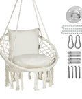Beige Macrame Hammock Chair Hanging Swing For Indoor Outdoor Use 330 Lbs Capacity Handwoven Cotton Rope Includes 2 Cushions And Hardware Kit