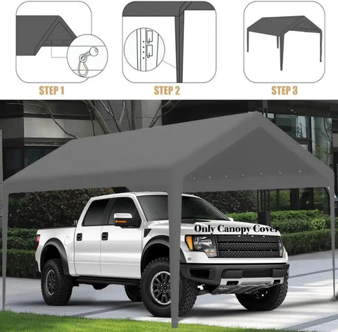 Heavy Duty 10x20 Carport Replacement Cover Fits 10x20 Frames Waterproof Gray Top Tarp Canopy With Fabric Leg Skirts And Ball Bungees
