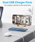 7 Inch LED Mirror Display Alarm Clock With Dual USB Ports, Auto Dim And Night Mode on desk charging devices, Gold Finish
