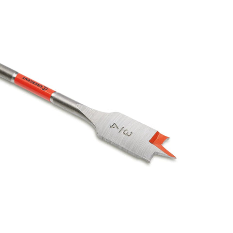 Flat Spade Drill Bit 6 Inch By 3/4 Inch With 1/4 Inch Quick Release Hex Shank, sharp tip, silver body on white background.