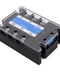 Solid State Relay SSR DC to AC Control With DC Control, AC Output, Bolted Installation for Power Control Gear and Industrial Electrical Applications, Built Tough, Reliable, Easy Mount for Heavy Duty Setups. Black SSR module with clear cover and screw terminals